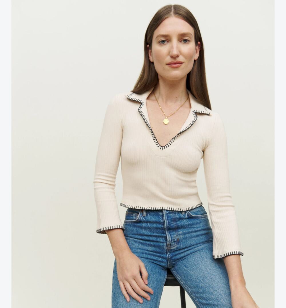 Reformation Nolen Knit Top in Bone S Organic cotton Blend preppy collegiate Chic